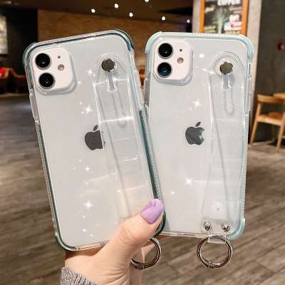 Glitter Powder Holder Phone Case For iPhone 11 X XR XS Max 6 6S 7 8 Plus Transparent Soft TPU Wrist Strap Shockproof Back Cover