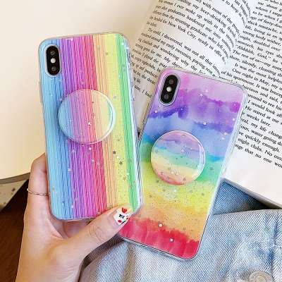 Glitter Rainbow Phone Case For iPhone XR XS Max X 11 11Pro 6 6S 7 8 Plus Candy Color Stand Holder TPU Full Body  Cover