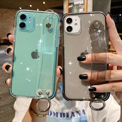 Glitter Powder Holder Phone Case For iPhone 11 X XR XS Max 6 6S 7 8 Plus Transparent Soft TPU Wrist Strap Shockproof Back Cover